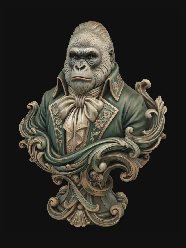 3D model for Hyper-realistic wooden carved Rococo–Art Nouveau caricatural chibi bust-statue of a majestic silverback ape noble dressed in lavish aristocratic court garments with embroidered floral lapels and enormous silk cravat. The layered cravat and sweeping coat folds dissolve into monumental S-waved Rococo scrollwork and flowing Art Nouveau ornamental ribbons forming an integrated console-pillar. Botanical embroidery transforms into shell-like rocaille filigree, curling acanthus leaves and decorative cartouches embedded with subtle skeletal primate motifs. The thick fur merges seamlessly into carved flowing wood-grain textures with dramatic asymmetrical ornamental movement.Polychrome: deep rich coulourful tones, weary teal greens, faded gold embroidery, muted ivory fur tones and rich antique amber