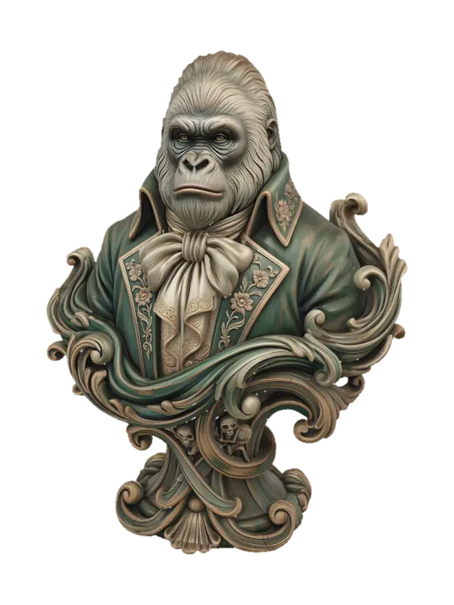 Hyper-realistic wooden carved Rococo–Art Nouveau caricatural chibi bust-statue… - Silverback 3D model, vytvořený pomocí AI