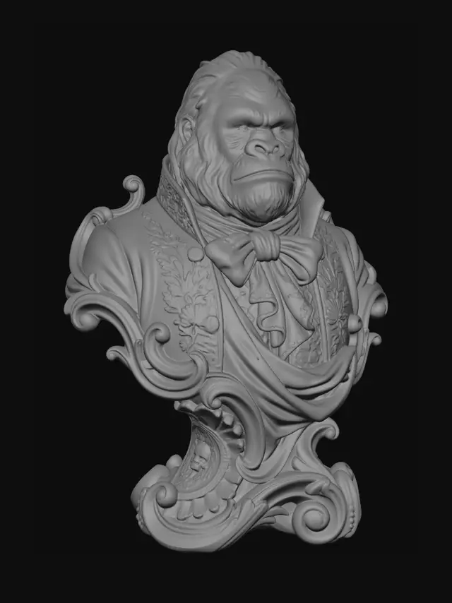 3D model for Hyper-realistic wooden carved Rococo–Art Nouveau caricatural chibi bust-statue of a majestic silverback ape noble dressed in lavish aristocratic court garments with embroidered floral lapels and enormous silk cravat. The layered cravat and sweeping coat folds dissolve into monumental S-waved Rococo scrollwork and flowing Art Nouveau ornamental ribbons forming an integrated console-pillar. Botanical embroidery transforms into shell-like rocaille filigree, curling acanthus leaves and decorative cartouches embedded with subtle skeletal primate motifs. The thick fur merges seamlessly into carved flowing wood-grain textures with dramatic asymmetrical ornamental movement.Polychrome: deep rich coulourful tones, weary teal greens, faded gold embroidery, muted ivory fur tones and rich antique amber