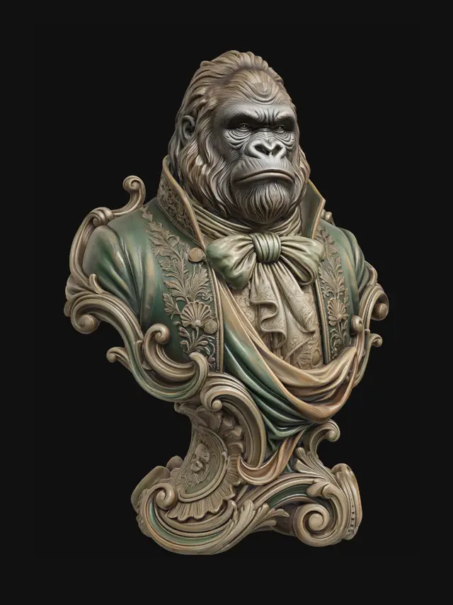 3D model for Hyper-realistic wooden carved Rococo–Art Nouveau caricatural chibi bust-statue of a majestic silverback ape noble dressed in lavish aristocratic court garments with embroidered floral lapels and enormous silk cravat. The layered cravat and sweeping coat folds dissolve into monumental S-waved Rococo scrollwork and flowing Art Nouveau ornamental ribbons forming an integrated console-pillar. Botanical embroidery transforms into shell-like rocaille filigree, curling acanthus leaves and decorative cartouches embedded with subtle skeletal primate motifs. The thick fur merges seamlessly into carved flowing wood-grain textures with dramatic asymmetrical ornamental movement.Polychrome: deep rich coulourful tones, weary teal greens, faded gold embroidery, muted ivory fur tones and rich antique amber
