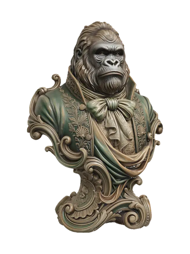 Hyper-realistic wooden carved Rococo–Art Nouveau caricatural chibi bust-statue… - Silverback 3D model, vytvořený pomocí AI