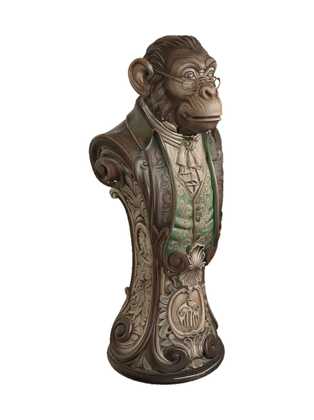 Hyper-realistic wooden carved Rococo–Art Nouveau caricatural chibi bust-statue… - Chimpanzee 3D model, vytvořený pomocí AI
