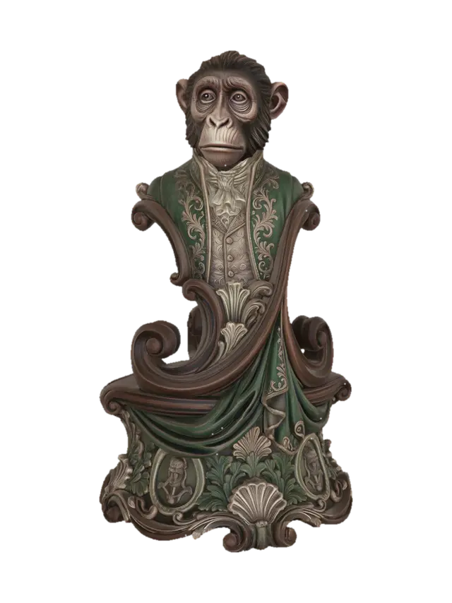 Hyper-realistic wooden carved Rococo–Art Nouveau caricatural chibi bust-statue… - Chimpanzee 3D model, vytvořený pomocí AI