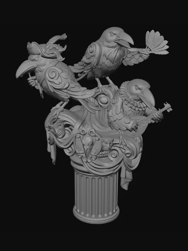 3D model for Hyper-realistic wooden carved Rococo–Art Nouveau undead trio of mischievous crows posed like theatrical entertainers. Rounded bodies, oversized beaks and animated gestures form a playful composition. Feathers transform into rhythmic Rococo wave-scrolls while scarves, hats and tails dissolve into flowing Art Nouveau ribbons. Raven skulls, carnival masks and feather motifs become decorative cartouches and rocaille volutes integrated into the pillar.Material: hardwood.Polychrome:deep rich colourful tones,deep black plumage, crimson accents, warm ochres and antique gold highlights