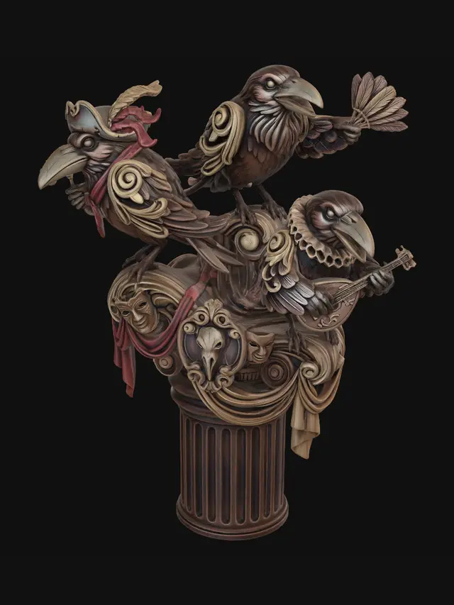 3D model for Hyper-realistic wooden carved Rococo–Art Nouveau undead trio of mischievous crows posed like theatrical entertainers. Rounded bodies, oversized beaks and animated gestures form a playful composition. Feathers transform into rhythmic Rococo wave-scrolls while scarves, hats and tails dissolve into flowing Art Nouveau ribbons. Raven skulls, carnival masks and feather motifs become decorative cartouches and rocaille volutes integrated into the pillar.Material: hardwood.Polychrome:deep rich colourful tones,deep black plumage, crimson accents, warm ochres and antique gold highlights