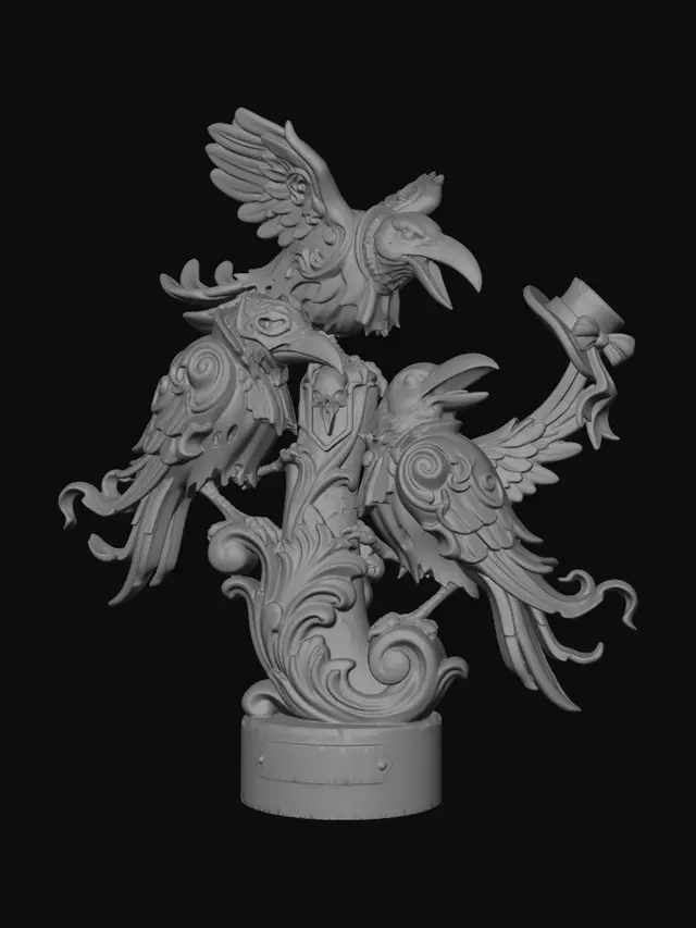 3D model for Hyper-realistic wooden carved Rococo–Art Nouveau undead trio of mischievous crows posed like theatrical entertainers. Rounded bodies, oversized beaks and animated gestures form a playful composition. Feathers transform into rhythmic Rococo wave-scrolls while scarves, hats and tails dissolve into flowing Art Nouveau ribbons. Raven skulls, carnival masks and feather motifs become decorative cartouches and rocaille volutes integrated into the pillar.Material: hardwood.Polychrome:deep rich colourful tones,deep black plumage, crimson accents, warm ochres and antique gold highlights