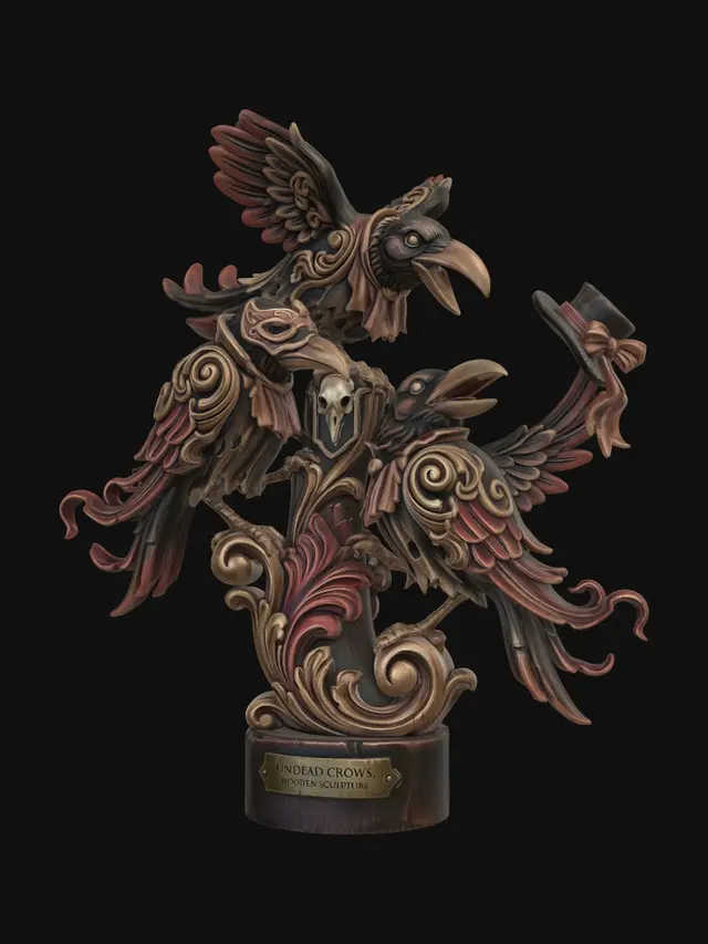 3D model for Hyper-realistic wooden carved Rococo–Art Nouveau undead trio of mischievous crows posed like theatrical entertainers. Rounded bodies, oversized beaks and animated gestures form a playful composition. Feathers transform into rhythmic Rococo wave-scrolls while scarves, hats and tails dissolve into flowing Art Nouveau ribbons. Raven skulls, carnival masks and feather motifs become decorative cartouches and rocaille volutes integrated into the pillar.Material: hardwood.Polychrome:deep rich colourful tones,deep black plumage, crimson accents, warm ochres and antique gold highlights