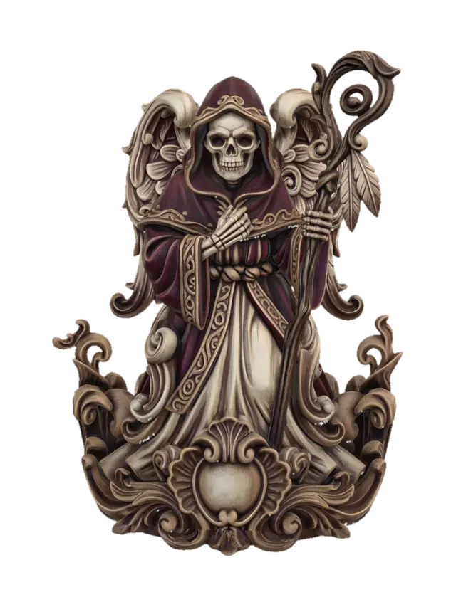 Hyper-realistic wooden carved Rococo–Art Nouveau undead chibi pilgrim angel statue… 3D model, vytvořený pomocí AI