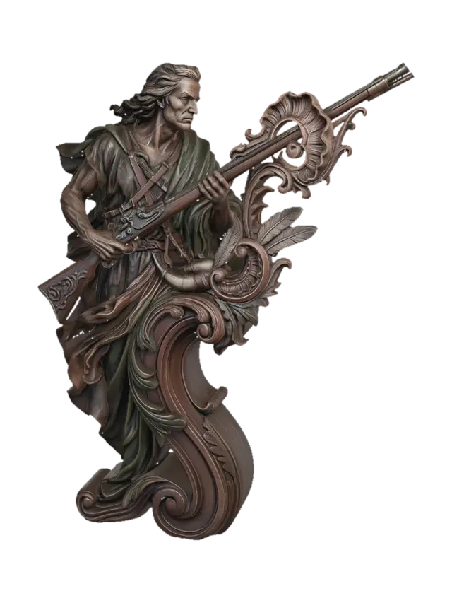 Hyper-realistic wooden carved Rococo–Art Nouveau undead frontier hunter carrying a… 3D model, vytvořený pomocí AI