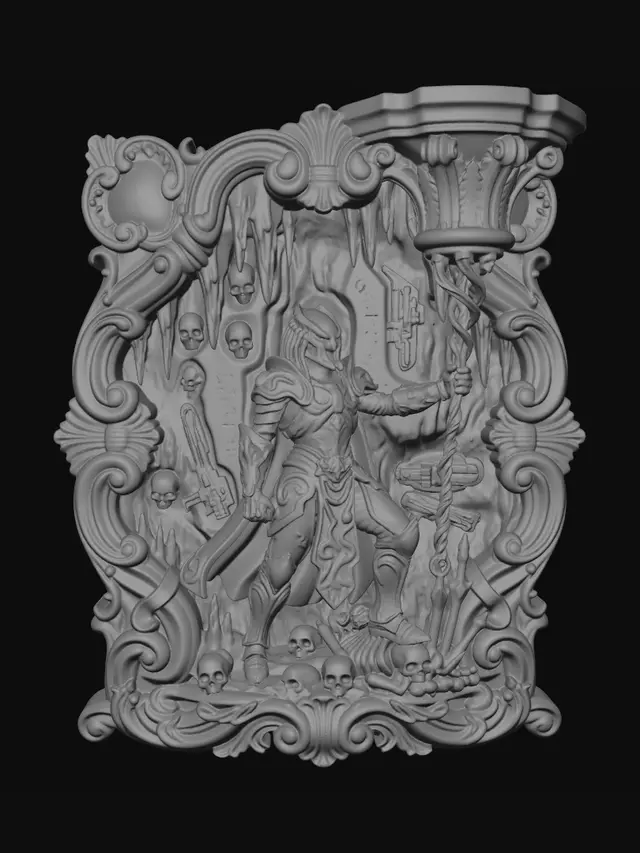 3D model for Hyper-realistic wooden carved Rococo–Art Nouveau undead predator warrior standing triumphantly within a cavern of bones while holding an arcane spear. Powerful anatomy and ceremonial armour flow into monumental Rococo wave-scrolls and elongated Art Nouveau ribbons forming a structural console-pillar. Cave stalactites, skulls, alien glyphs and biomechanical weapon motifs transform into decorative cartouches and spiralling volutes. The spear shaft twists upward into elegant whiplash curves supporting the upper architecture.Material: hardwood.Polychrome:deep rich colourful tones,deep sapphire blues, antique golds, warm flesh tones and dark bronze highlights