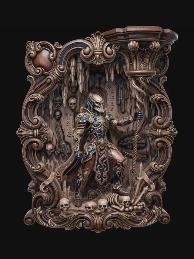 3D model for Hyper-realistic wooden carved Rococo–Art Nouveau undead predator warrior standing triumphantly within a cavern of bones while holding an arcane spear. Powerful anatomy and ceremonial armour flow into monumental Rococo wave-scrolls and elongated Art Nouveau ribbons forming a structural console-pillar. Cave stalactites, skulls, alien glyphs and biomechanical weapon motifs transform into decorative cartouches and spiralling volutes. The spear shaft twists upward into elegant whiplash curves supporting the upper architecture.Material: hardwood.Polychrome:deep rich colourful tones,deep sapphire blues, antique golds, warm flesh tones and dark bronze highlights
