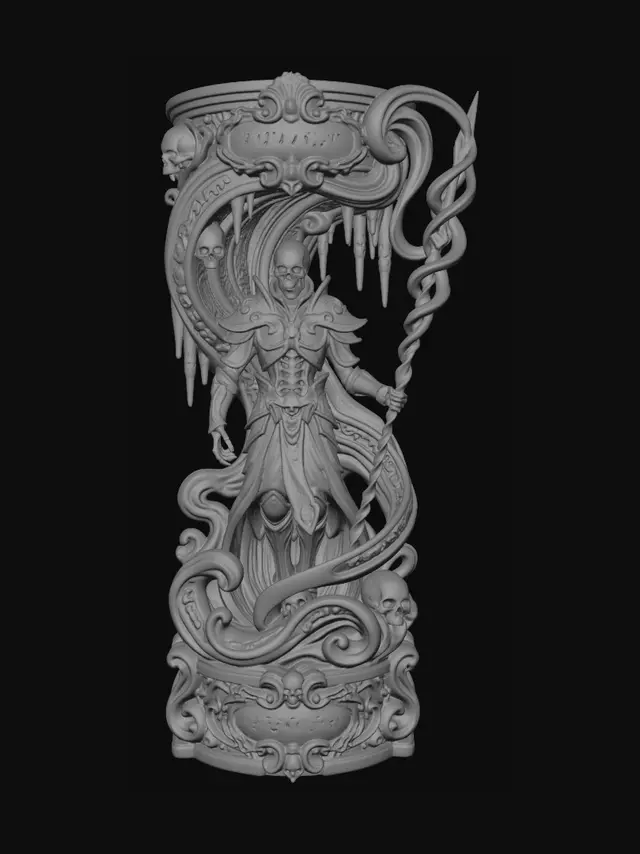 3D model for Hyper-realistic wooden carved Rococo–Art Nouveau undead predator warrior standing triumphantly within a cavern of bones while holding an arcane spear. Powerful anatomy and ceremonial armour flow into monumental Rococo wave-scrolls and elongated Art Nouveau ribbons forming a structural console-pillar. Cave stalactites, skulls, alien glyphs and biomechanical weapon motifs transform into decorative cartouches and spiralling volutes. The spear shaft twists upward into elegant whiplash curves supporting the upper architecture.Material: hardwood.Polychrome:deep rich colourful tones,deep sapphire blues, antique golds, warm flesh tones and dark bronze highlights