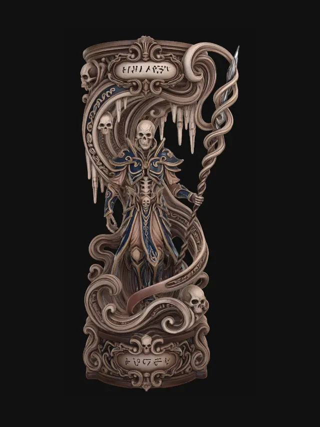 3D model for Hyper-realistic wooden carved Rococo–Art Nouveau undead predator warrior standing triumphantly within a cavern of bones while holding an arcane spear. Powerful anatomy and ceremonial armour flow into monumental Rococo wave-scrolls and elongated Art Nouveau ribbons forming a structural console-pillar. Cave stalactites, skulls, alien glyphs and biomechanical weapon motifs transform into decorative cartouches and spiralling volutes. The spear shaft twists upward into elegant whiplash curves supporting the upper architecture.Material: hardwood.Polychrome:deep rich colourful tones,deep sapphire blues, antique golds, warm flesh tones and dark bronze highlights