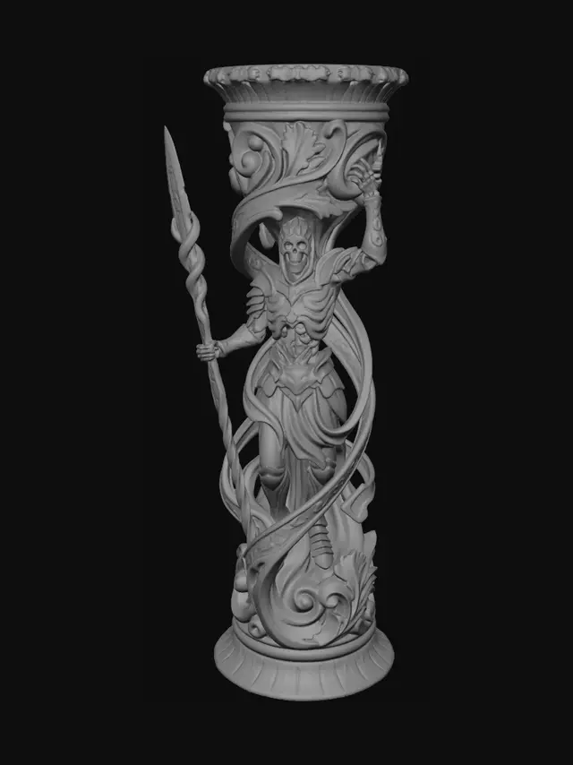 3D model for Hyper-realistic wooden carved Rococo–Art Nouveau undead predator warrior standing triumphantly within a cavern of bones while holding an arcane spear. Powerful anatomy and ceremonial armour flow into monumental Rococo wave-scrolls and elongated Art Nouveau ribbons forming a structural console-pillar. Cave stalactites, skulls, alien glyphs and biomechanical weapon motifs transform into decorative cartouches and spiralling volutes. The spear shaft twists upward into elegant whiplash curves supporting the upper architecture.Material: hardwood.Polychrome:deep rich colourful tones,deep sapphire blues, antique golds, warm flesh tones and dark bronze highlights