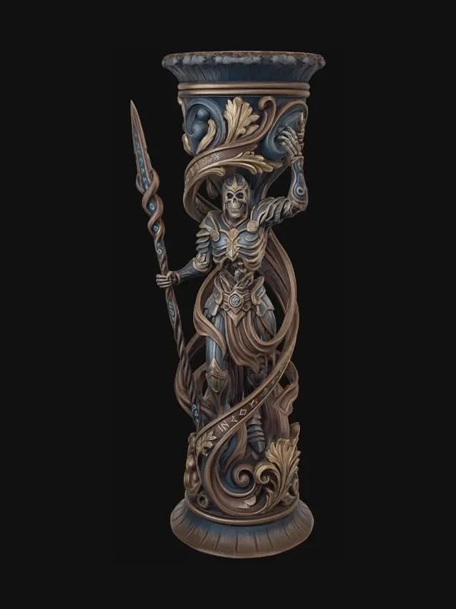 3D model for Hyper-realistic wooden carved Rococo–Art Nouveau undead predator warrior standing triumphantly within a cavern of bones while holding an arcane spear. Powerful anatomy and ceremonial armour flow into monumental Rococo wave-scrolls and elongated Art Nouveau ribbons forming a structural console-pillar. Cave stalactites, skulls, alien glyphs and biomechanical weapon motifs transform into decorative cartouches and spiralling volutes. The spear shaft twists upward into elegant whiplash curves supporting the upper architecture.Material: hardwood.Polychrome:deep rich colourful tones,deep sapphire blues, antique golds, warm flesh tones and dark bronze highlights