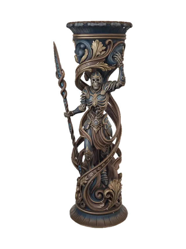 Hyper-realistic wooden carved Rococo–Art Nouveau undead predator warrior standing… - Skeletal 3D model, vytvořený pomocí AI