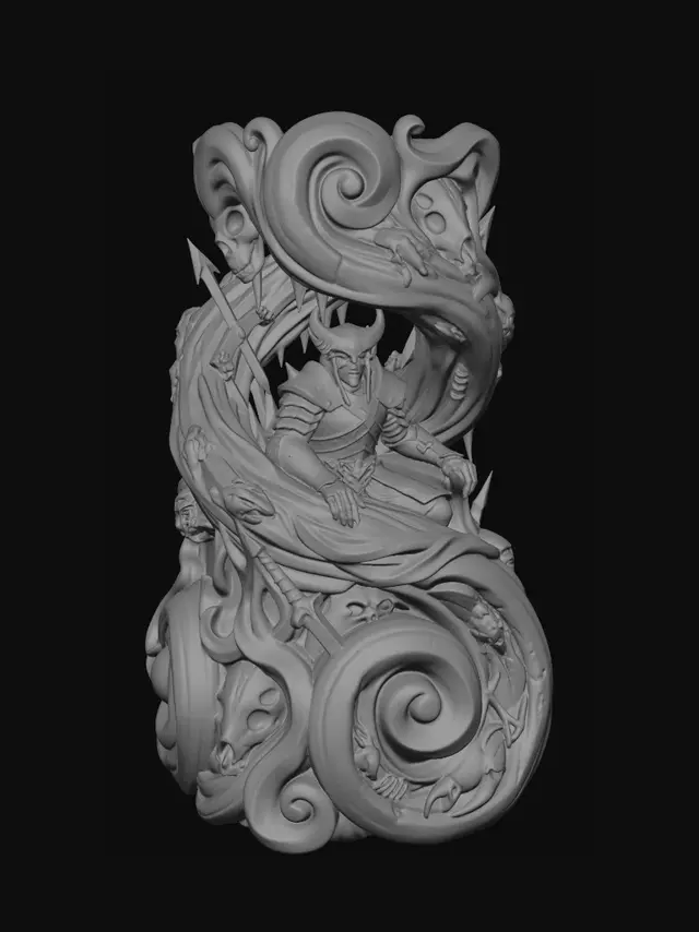3D model for Hyper-realistic wooden carved Rococo–Art Nouveau undead predator warlord seated within a frozen wilderness, adorned with monstrous trophies and ritual armour. Massive horns, dreadlocks, skull trophies and frozen battle gear explode outward into monumental Rococo S-scrolls and Art Nouveau ice-ribbon structures. Skeletal remains, frost crystals, claws and ceremonial hunting relics become decorative cartouches and elegant volutes integrated throughout the pillar.Material: hardwood.Polychrome:deep rich colourful tones,ivory whites, dark crimson browns, icy blues and weathered metallic highlights