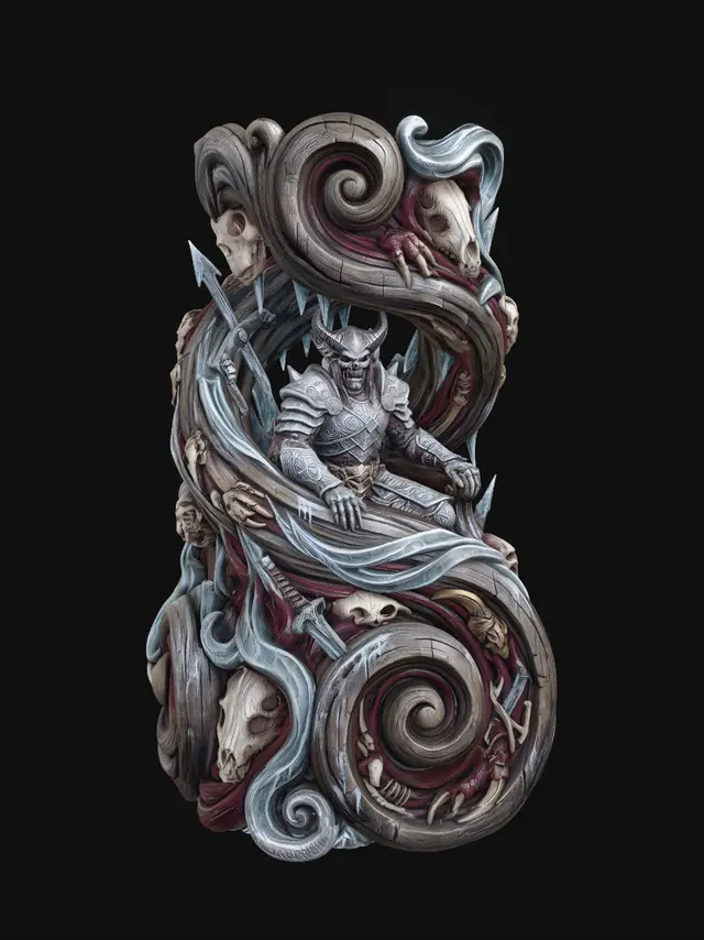 3D model for Hyper-realistic wooden carved Rococo–Art Nouveau undead predator warlord seated within a frozen wilderness, adorned with monstrous trophies and ritual armour. Massive horns, dreadlocks, skull trophies and frozen battle gear explode outward into monumental Rococo S-scrolls and Art Nouveau ice-ribbon structures. Skeletal remains, frost crystals, claws and ceremonial hunting relics become decorative cartouches and elegant volutes integrated throughout the pillar.Material: hardwood.Polychrome:deep rich colourful tones,ivory whites, dark crimson browns, icy blues and weathered metallic highlights