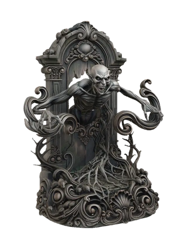 Modelo 3D de Hyper-realistic wooden carved Rococo–Art Nouveau undead vampiric monster lunging… - Artnouveau, gerado por IA