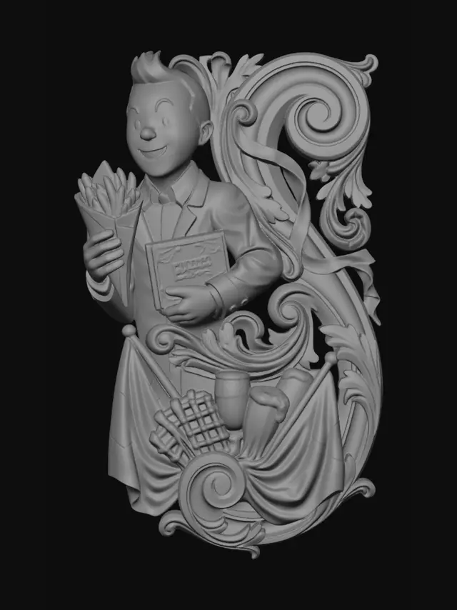3D model for Prompt a hyper-realistic wooden carved Rococo-Art Nouveau Belgium symbol statue of a chocolade portrait bust of a caricatural Tintin holding a paper cone filled with French fries in one hand and a box of chocolate pralines in the other. The bust merge into a monumental S-waved scrollwork Rococo-Art Nouveau console-pillar with decorative Belgium flags ,Brussels wafels and volutes. Flags and cloths flow dramaticly. Material:polished hardwood with fine detailing. Polychrome: deep rich colourful colours and warm tones ,chocolate browns ,golden yellows ,ivory whites ,warm skin tones ,crimson red ornamentation