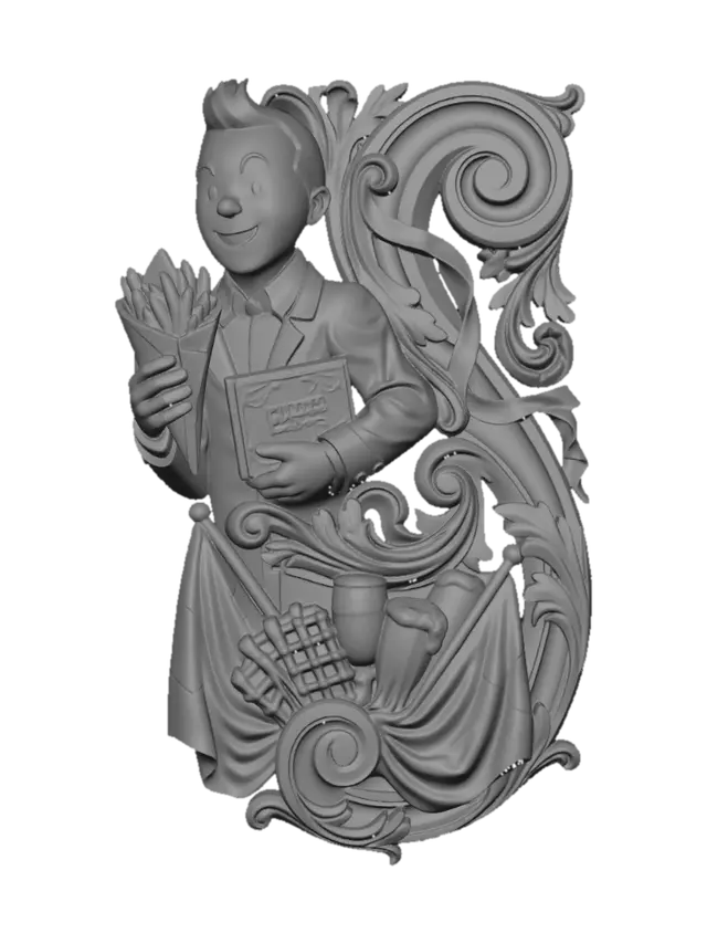 3D model for Prompt a hyper-realistic wooden carved Rococo-Art Nouveau Belgium symbol statue of a chocolade portrait bust of a caricatural Tintin  holding a paper cone filled with French fries in one hand and a box of chocolate pralines in the other. The bust merge into a monumental S-waved scrollwork Rococo-Art Nouveau console-pillar with decorative Belgium flags ,Brussels wafels and volutes. Flags and cloths flow dramaticly. Material:polished hardwood with fine detailing. Polychrome: deep rich colourful colours and warm tones ,chocolate browns ,golden yellows ,ivory whites ,warm skin tones ,crimson red ornamentation