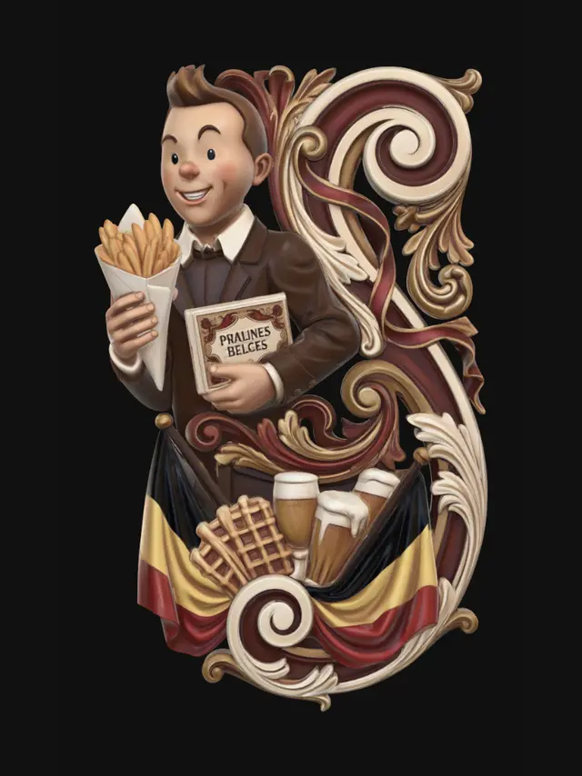3D model for Prompt a hyper-realistic wooden carved Rococo-Art Nouveau Belgium symbol statue of a chocolade portrait bust of a caricatural Tintin holding a paper cone filled with French fries in one hand and a box of chocolate pralines in the other. The bust merge into a monumental S-waved scrollwork Rococo-Art Nouveau console-pillar with decorative Belgium flags ,Brussels wafels and volutes. Flags and cloths flow dramaticly. Material:polished hardwood with fine detailing. Polychrome: deep rich colourful colours and warm tones ,chocolate browns ,golden yellows ,ivory whites ,warm skin tones ,crimson red ornamentation