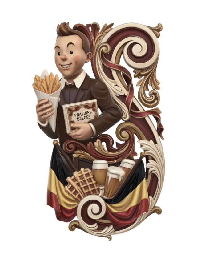 3D model for Prompt a hyper-realistic wooden carved Rococo-Art Nouveau Belgium symbol statue of a chocolade portrait bust of a caricatural Tintin  holding a paper cone filled with French fries in one hand and a box of chocolate pralines in the other. The bust merge into a monumental S-waved scrollwork Rococo-Art Nouveau console-pillar with decorative Belgium flags ,Brussels wafels and volutes. Flags and cloths flow dramaticly. Material:polished hardwood with fine detailing. Polychrome: deep rich colourful colours and warm tones ,chocolate browns ,golden yellows ,ivory whites ,warm skin tones ,crimson red ornamentation