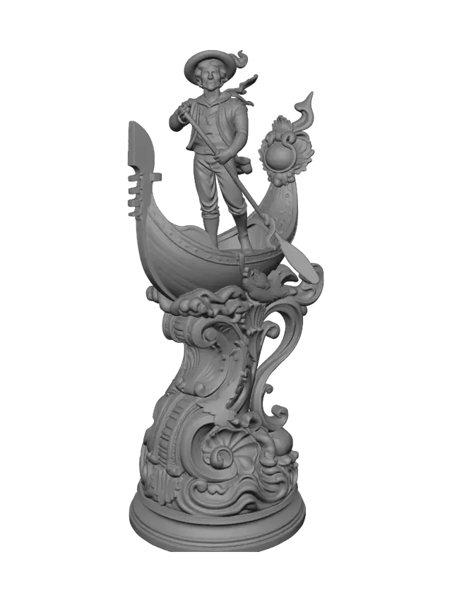3D model for Hyper-realistic wooden carved Rococo–Art Nouveau historical statue of a cheerful young gondolier standing proudly within an ornate Venetian boat. The gondola transforms into sweeping Rococo wave-scrolls and flowing Art Nouveau whiplash curves that form a monumental console-pillar. The straw hat, songbird, striped garments and oar dissolve into decorative cartouches, shell volutes, acanthus leaves and marine motifs.Material: hardwood.Polychrome:deep rich colourful tones,