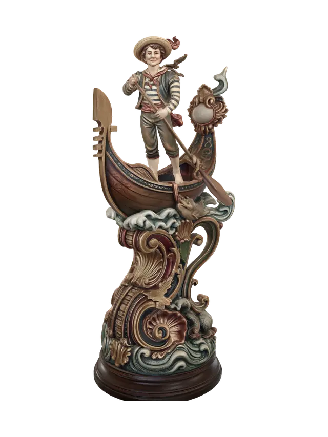 3D model for Hyper-realistic wooden carved Rococo–Art Nouveau historical statue of a cheerful young gondolier standing proudly within an ornate Venetian boat. The gondola transforms into sweeping Rococo wave-scrolls and flowing Art Nouveau whiplash curves that form a monumental console-pillar. The straw hat, songbird, striped garments and oar dissolve into decorative cartouches, shell volutes, acanthus leaves and marine motifs.Material: hardwood.Polychrome:deep rich colourful tones,