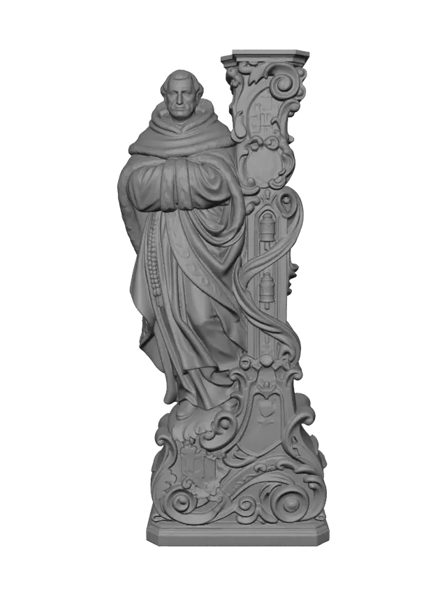 3D model for Hyper-realistic wooden carved Rococo–Art Nouveau historical statue of a contemplative northern monk wrapped in thick fur-lined robes. Layered garments and prayer beads flow into monumental Rococo scrollwork and elegant Art Nouveau drapery ribbons forming a towering console-pillar. Sacred symbols, mountain peaks, prayer wheels and celestial motifs transform into decorative cartouches and ornate volutes. Material: hardwood.Polychrome:deep rich colourful tones,
