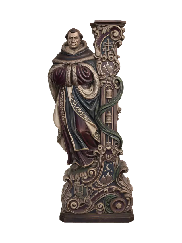 3D model for Hyper-realistic wooden carved Rococo–Art Nouveau historical statue of a contemplative northern monk wrapped in thick fur-lined robes. Layered garments and prayer beads flow into monumental Rococo scrollwork and elegant Art Nouveau drapery ribbons forming a towering console-pillar. Sacred symbols, mountain peaks, prayer wheels and celestial motifs transform into decorative cartouches and ornate volutes. Material: hardwood.Polychrome:deep rich colourful tones,