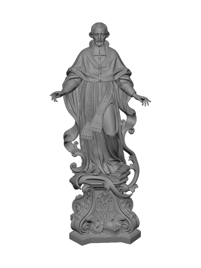 3D model for Hyper-realistic wooden carved Rococo–Art Nouveau historical statue of a severe ecclesiastical cardinal with elongated features, dramatic gesture and flowing ceremonial vestments. The angular robes unfurl into monumental S-shaped Rococo scrollwork and elegant Art Nouveau ribbons integrated into a towering console-pillar. Religious emblems, crosses, sacred manuscripts and gothic tracery dissolve into decorative cartouches and ornate volutes.Material: hardwood.Polychrome:deep rich colourful tones,steel-grey silvers, rich crimson accents, antique bronze and warm skin tones