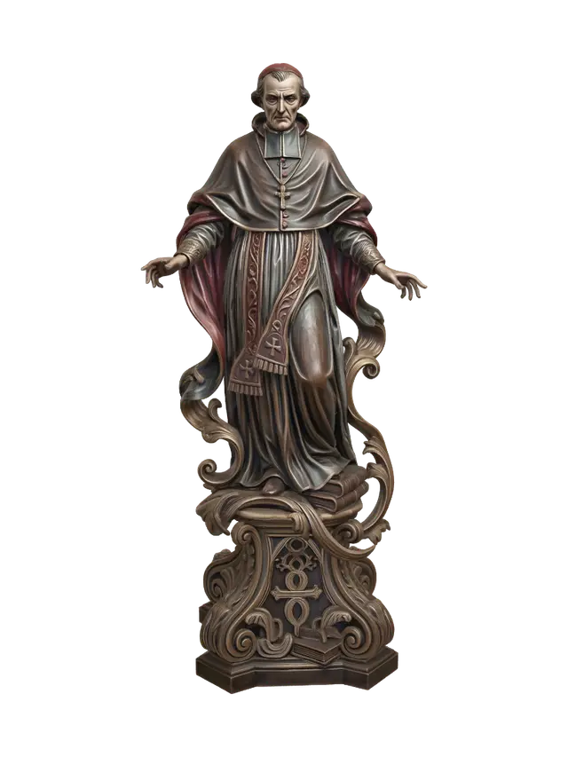 3D model for Hyper-realistic wooden carved Rococo–Art Nouveau historical statue of a severe ecclesiastical cardinal with elongated features, dramatic gesture and flowing ceremonial vestments. The angular robes unfurl into monumental S-shaped Rococo scrollwork and elegant Art Nouveau ribbons integrated into a towering console-pillar. Religious emblems, crosses, sacred manuscripts and gothic tracery dissolve into decorative cartouches and ornate volutes.Material: hardwood.Polychrome:deep rich colourful tones,steel-grey silvers, rich crimson accents, antique bronze and warm skin tones