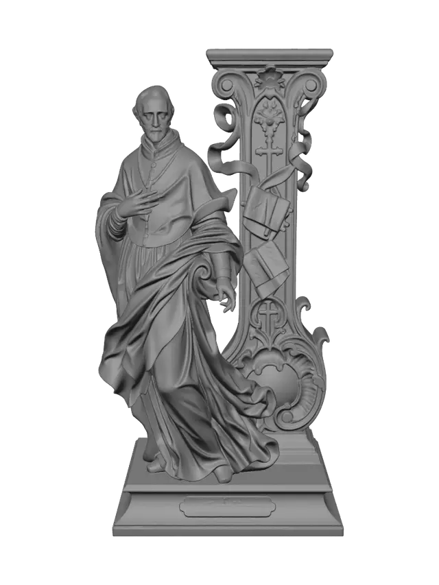 3D model for Hyper-realistic wooden carved Rococo–Art Nouveau historical statue of a severe ecclesiastical cardinal with elongated features, dramatic gesture and flowing ceremonial vestments. The angular robes unfurl into monumental S-shaped Rococo scrollwork and elegant Art Nouveau ribbons integrated into a towering console-pillar. Religious emblems, crosses, sacred manuscripts and gothic tracery dissolve into decorative cartouches and ornate volutes.Material: hardwood.Polychrome:deep rich colourful tones,deep crimson reds, black-violet shadows, aged gold ornament and pale flesh tones. Surface: cracked lacquer, ancient cathedral patina and museum-quality finish.