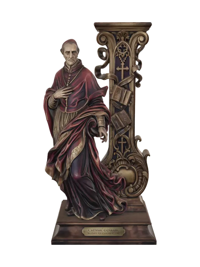 3D model for Hyper-realistic wooden carved Rococo–Art Nouveau historical statue of a severe ecclesiastical cardinal with elongated features, dramatic gesture and flowing ceremonial vestments. The angular robes unfurl into monumental S-shaped Rococo scrollwork and elegant Art Nouveau ribbons integrated into a towering console-pillar. Religious emblems, crosses, sacred manuscripts and gothic tracery dissolve into decorative cartouches and ornate volutes.Material: hardwood.Polychrome:deep rich colourful tones,deep crimson reds, black-violet shadows, aged gold ornament and pale flesh tones. Surface: cracked lacquer, ancient cathedral patina and museum-quality finish.