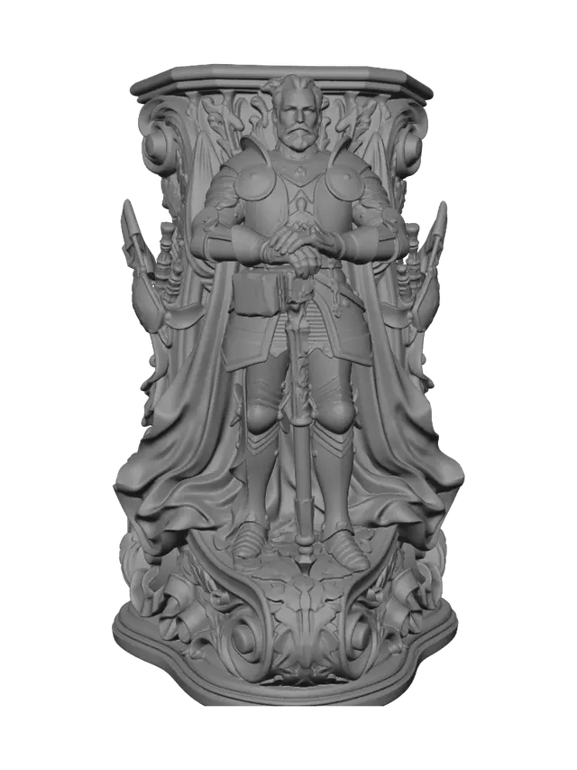 3D model for Hyper-realistic wooden carved Rococo–Art Nouveau historical statue of a proud veteran knight commander leaning confidently upon a ceremonial war hammer. Layered armor plates, cape folds and battle decorations dissolve into sweeping S-curved Rococo architecture and flowing Art Nouveau ornamental ribbons forming a monumental console-pillar. Oak leaves, heraldic shields, banners and military emblems evolve into decorative cartouches and volutes throughout the composition.Material: hardwood.Polychrome:deep rich colourful tones,steel-grey silvers, rich crimson accents, antique bronze and warm skin tones