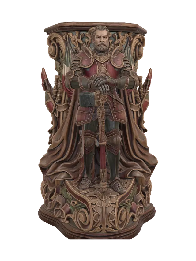 3D model for Hyper-realistic wooden carved Rococo–Art Nouveau historical statue of a proud veteran knight commander leaning confidently upon a ceremonial war hammer. Layered armor plates, cape folds and battle decorations dissolve into sweeping S-curved Rococo architecture and flowing Art Nouveau ornamental ribbons forming a monumental console-pillar. Oak leaves, heraldic shields, banners and military emblems evolve into decorative cartouches and volutes throughout the composition.Material: hardwood.Polychrome:deep rich colourful tones,steel-grey silvers, rich crimson accents, antique bronze and warm skin tones
