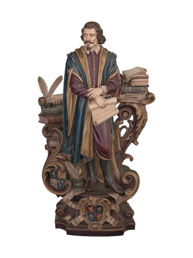 Hyper-realistic wooden carved Rococo–Art Nouveau historical statue of an eccentric… - Scholar 3D model, vytvořený pomocí AI