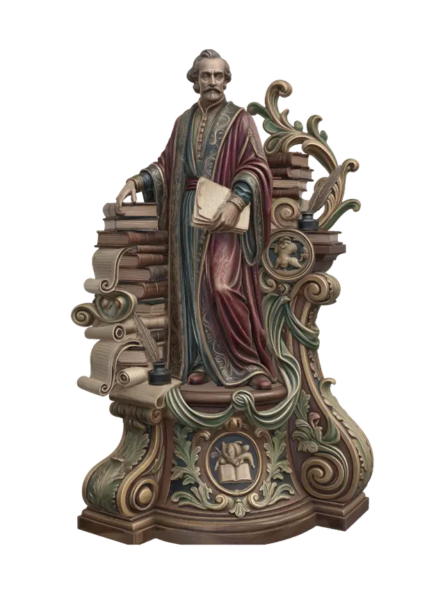 Hyper-realistic wooden carved Rococo–Art Nouveau historical statue of an eccentric… - Scholar 3D model, vytvořený pomocí AI