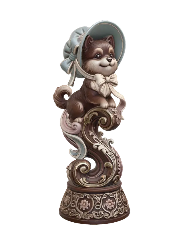 Hyper-realistic wooden carved Rococo–Art Nouveau caricatural chibi statue of a… - Disney 3D model, vytvořený pomocí AI
