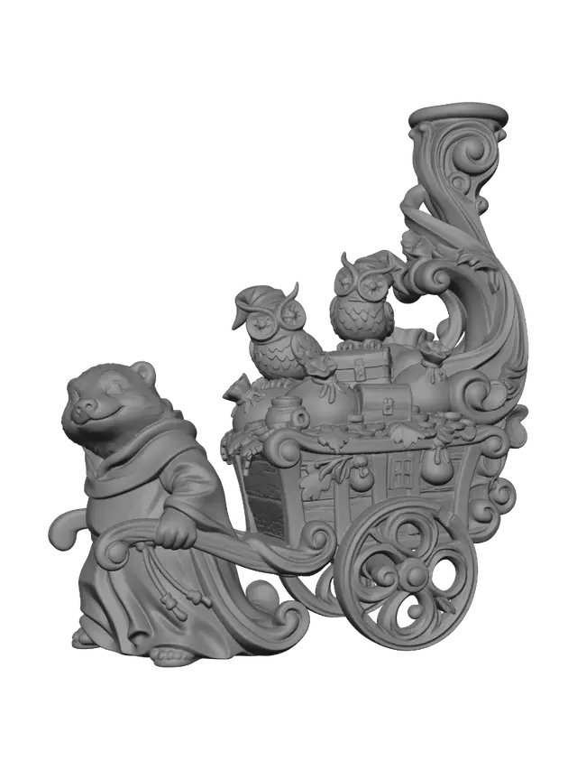 3D model for Hyper-realistic wooden carved Rococo–Art Nouveau caricatural chibi statue of a stout kindly badger friar pulling a wooden cart carrying two eccentric woodland owl rogues loaded with sacks and treasures. The cart wheels transform into monumental Rococo cartouches while the handle and robes expand into flowing Art Nouveau ribbons forming a towering console-pillar. Coins, pouches, leaves, monastery motifs and humorous woodland emblems dissolve into elaborate decorative volutes. The composition forms a lively spiraling narrative sculpture.Material:hardwood.Polychrome: deep rich coulourful tones,earthy greens, warm browns, muted creams and golden highlights