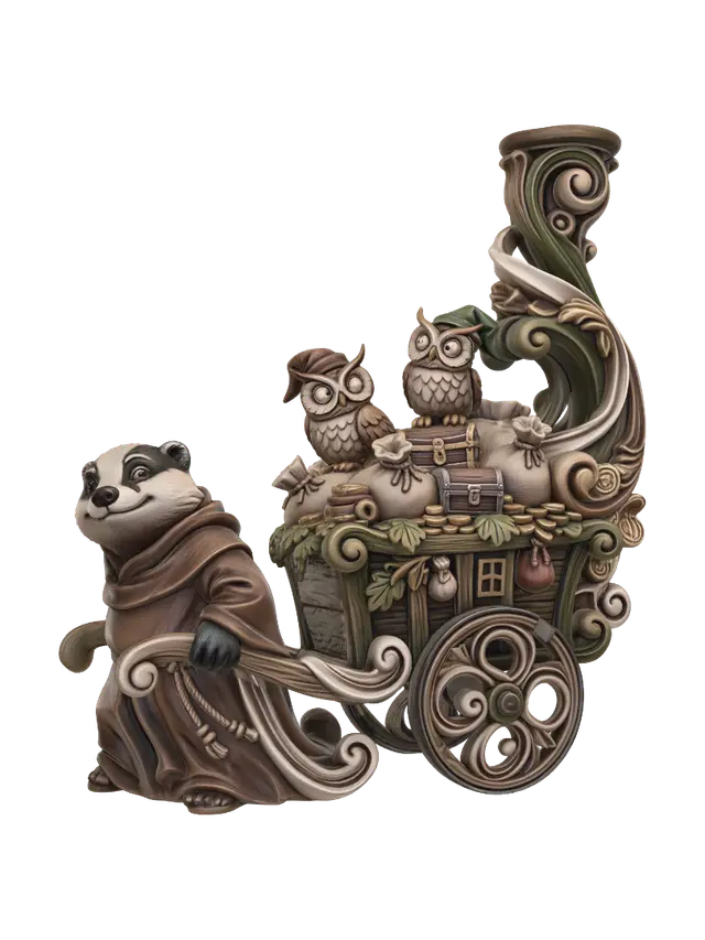 3D model for Hyper-realistic wooden carved Rococo–Art Nouveau caricatural chibi statue of a stout kindly badger friar pulling a wooden cart carrying two eccentric woodland owl rogues loaded with sacks and treasures. The cart wheels transform into monumental Rococo cartouches while the handle and robes expand into flowing Art Nouveau ribbons forming a towering console-pillar. Coins, pouches, leaves, monastery motifs and humorous woodland emblems dissolve into elaborate decorative volutes. The composition forms a lively spiraling narrative sculpture.Material:hardwood.Polychrome: deep rich coulourful tones,earthy greens, warm browns, muted creams and golden highlights