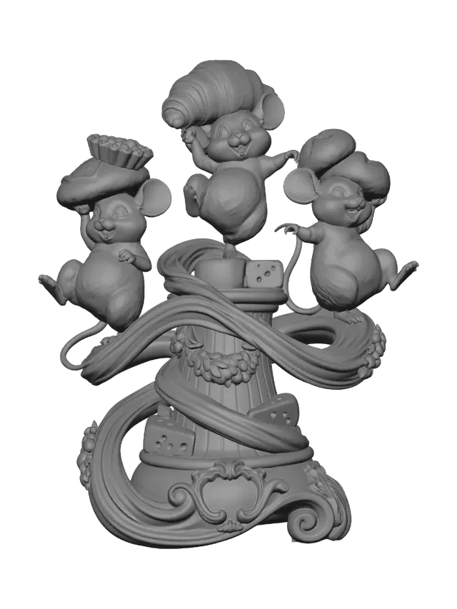 3D model for Hyper-realistic wooden carved Rococo–Art Nouveau caricatural chibi statue composition of three lively mice engaged in a comic food chase, balancing oversized pastries and baked treats.
The twisting movement trails transform into monumental Rococo wave-scrolls and flowing Art Nouveau ribbon architecture forming a dramatic console-pillar.
Cheese motifs, bakery ornaments, ribbons and festive decorations dissolve into decorative cartouches and elaborate volutes.
Tails intertwine into elegant ornamental spirals throughout the structure.Material:hardwood.Polychrome: deep rich coulourful tones,rich reds, warm browns, golden yellows, cream tones and antique gold highlights.