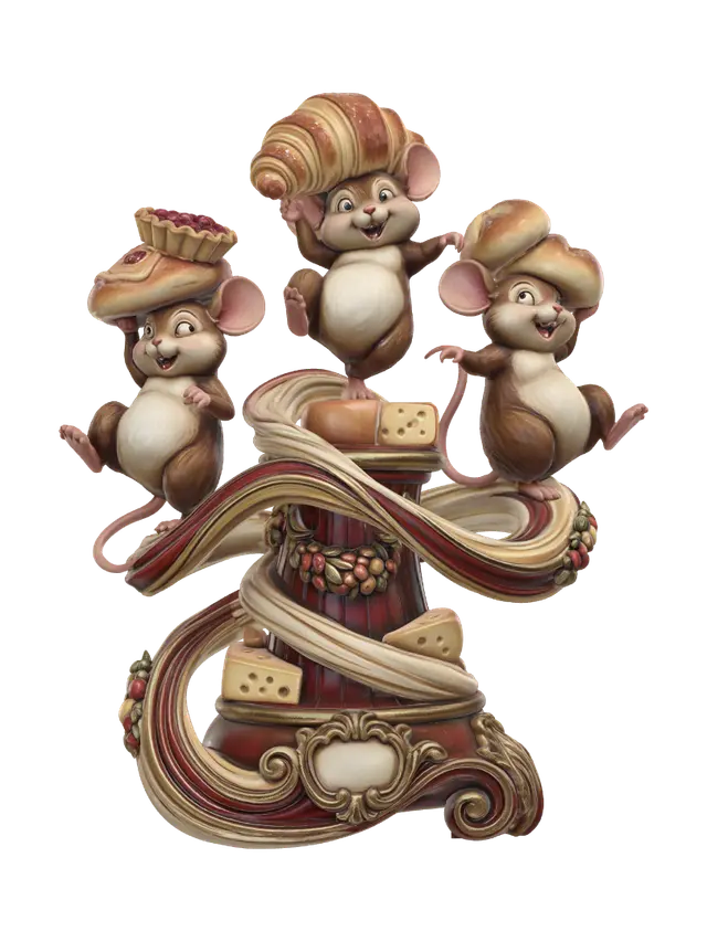 3D model for Hyper-realistic wooden carved Rococo–Art Nouveau caricatural chibi statue composition of three lively mice engaged in a comic food chase, balancing oversized pastries and baked treats.
The twisting movement trails transform into monumental Rococo wave-scrolls and flowing Art Nouveau ribbon architecture forming a dramatic console-pillar.
Cheese motifs, bakery ornaments, ribbons and festive decorations dissolve into decorative cartouches and elaborate volutes.
Tails intertwine into elegant ornamental spirals throughout the structure.Material:hardwood.Polychrome: deep rich coulourful tones,rich reds, warm browns, golden yellows, cream tones and antique gold highlights.