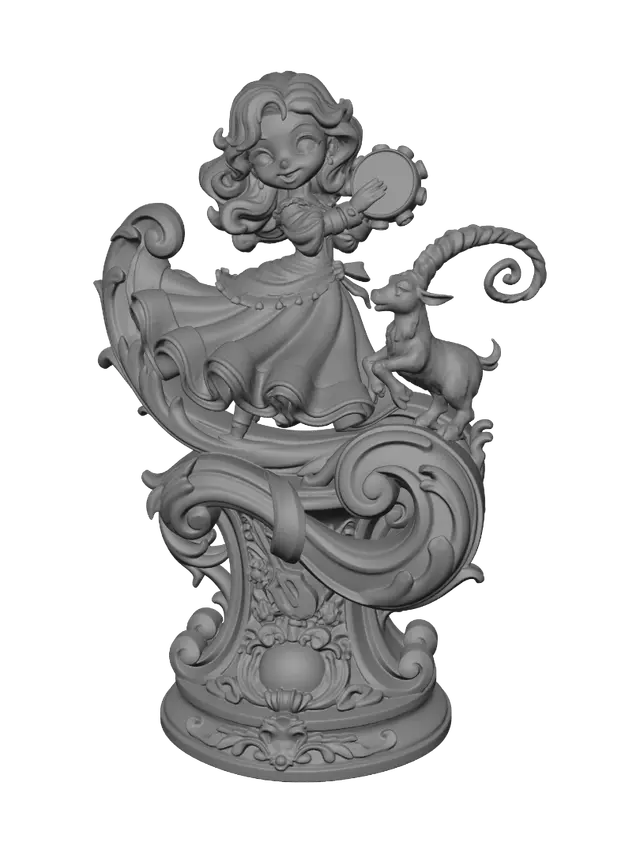 3D model for Hyper-realistic wooden carved Rococo–Art Nouveau caricatural chibi statue of a joyful travelling dancer twirling gracefully while raising a tambourine, accompanied by a playful dancing goat. The swirling dress unfurls into colossal Rococo wave-scrolls and flowing Art Nouveau ribbons forming a monumental console-pillar. Tambourines, roses, musical motifs, dancing ribbons and floral ornaments dissolve into elaborate decorative cartouches and shell volutes. The goat's curled horns transform into elegant ornamental spirals integrated into the architecture.Material:hardwood.Polychrome: deep rich coulourful tones,deep violets, turquoise blues, warm skin tones, ivory whites and antique gold accents