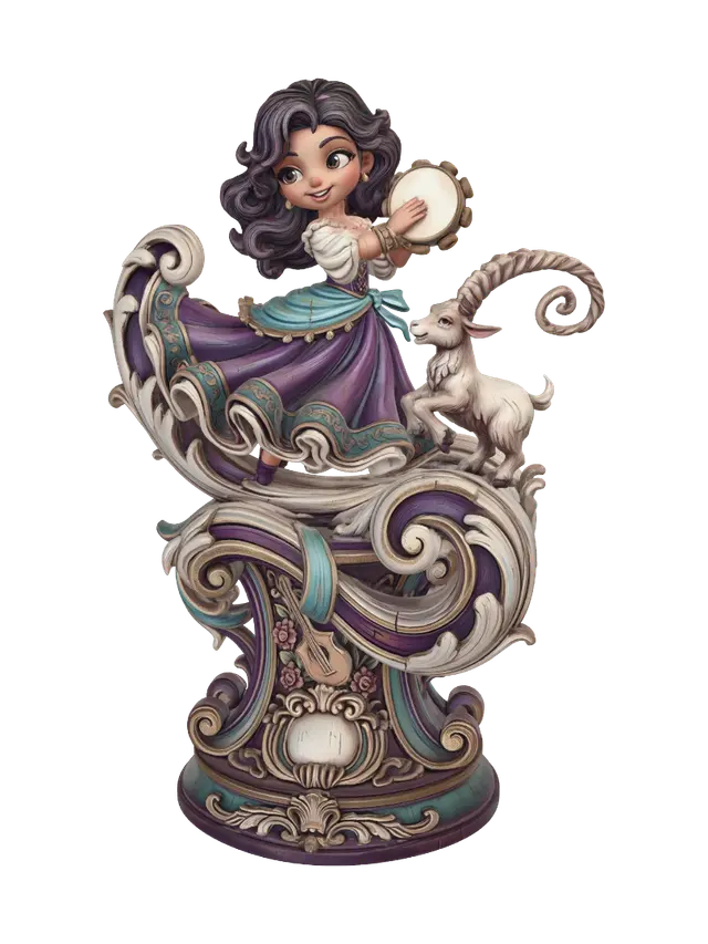 3D model for Hyper-realistic wooden carved Rococo–Art Nouveau caricatural chibi statue of a joyful travelling dancer twirling gracefully while raising a tambourine, accompanied by a playful dancing goat. The swirling dress unfurls into colossal Rococo wave-scrolls and flowing Art Nouveau ribbons forming a monumental console-pillar. Tambourines, roses, musical motifs, dancing ribbons and floral ornaments dissolve into elaborate decorative cartouches and shell volutes. The goat's curled horns transform into elegant ornamental spirals integrated into the architecture.Material:hardwood.Polychrome: deep rich coulourful tones,deep violets, turquoise blues, warm skin tones, ivory whites and antique gold accents