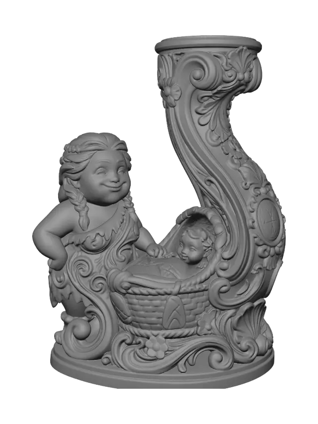 3D model for Hyper-realistic wooden carved Rococo–Art Nouveau caricatural chibi statue of a cheerful prehistoric mother standing proudly beside an ornate stone-age cradle carrying her playful child. The cradle expands into monumental S-waved Rococo scrollwork and flowing Art Nouveau organic structures forming a majestic console-pillar. Primitive stone ornaments, flowers, shells and family emblems dissolve into decorative cartouches and curling volutes. Hair curls and garment edges become elegant ornamental filigree throughout the composition.Material:hardwood.Polychrome: deep rich coulourful tones,warm creams, pale greens, soft earth colours, warm skin tones and faded gold ornament