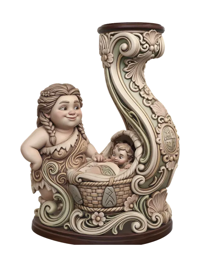 3D model for Hyper-realistic wooden carved Rococo–Art Nouveau caricatural chibi statue of a cheerful prehistoric mother standing proudly beside an ornate stone-age cradle carrying her playful child. The cradle expands into monumental S-waved Rococo scrollwork and flowing Art Nouveau organic structures forming a majestic console-pillar. Primitive stone ornaments, flowers, shells and family emblems dissolve into decorative cartouches and curling volutes. Hair curls and garment edges become elegant ornamental filigree throughout the composition.Material:hardwood.Polychrome: deep rich coulourful tones,warm creams, pale greens, soft earth colours, warm skin tones and faded gold ornament