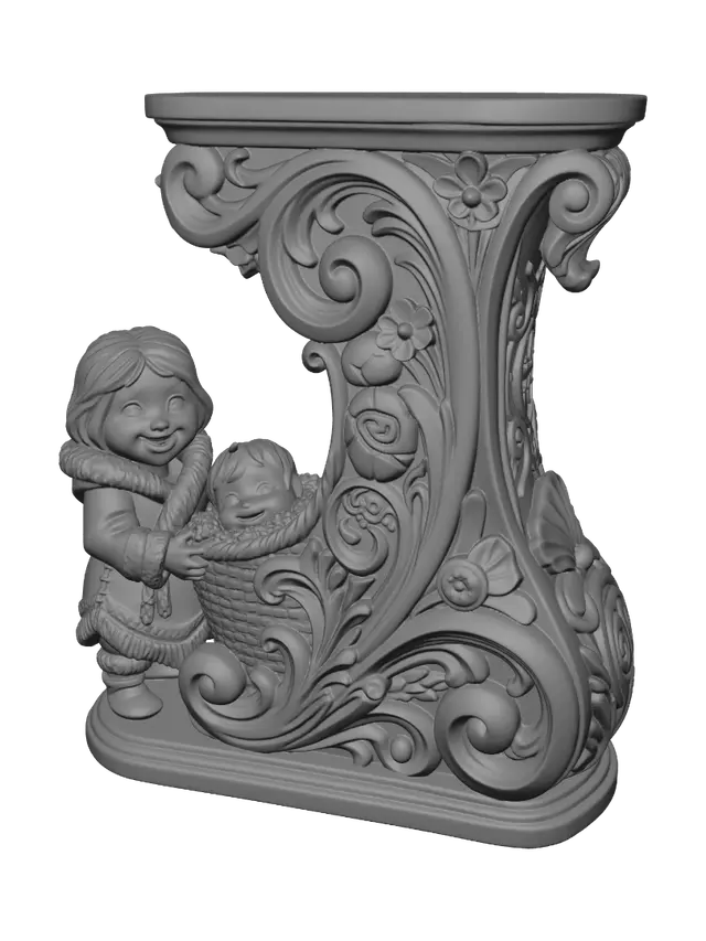 3D model for Hyper-realistic wooden carved Rococo–Art Nouveau caricatural chibi statue of a cheerful prehistoric mother standing proudly beside an ornate stone-age cradle carrying her playful child. The cradle expands into monumental S-waved Rococo scrollwork and flowing Art Nouveau organic structures forming a majestic console-pillar. Primitive stone ornaments, flowers, shells and family emblems dissolve into decorative cartouches and curling volutes. Hair curls and garment edges become elegant ornamental filigree throughout the composition.Material:hardwood.Polychrome: deep rich coulourful tones,warm creams, pale greens, soft earth colours, warm skin tones and faded gold ornament