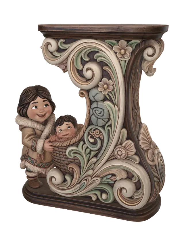 3D model for Hyper-realistic wooden carved Rococo–Art Nouveau caricatural chibi statue of a cheerful prehistoric mother standing proudly beside an ornate stone-age cradle carrying her playful child. The cradle expands into monumental S-waved Rococo scrollwork and flowing Art Nouveau organic structures forming a majestic console-pillar. Primitive stone ornaments, flowers, shells and family emblems dissolve into decorative cartouches and curling volutes. Hair curls and garment edges become elegant ornamental filigree throughout the composition.Material:hardwood.Polychrome: deep rich coulourful tones,warm creams, pale greens, soft earth colours, warm skin tones and faded gold ornament